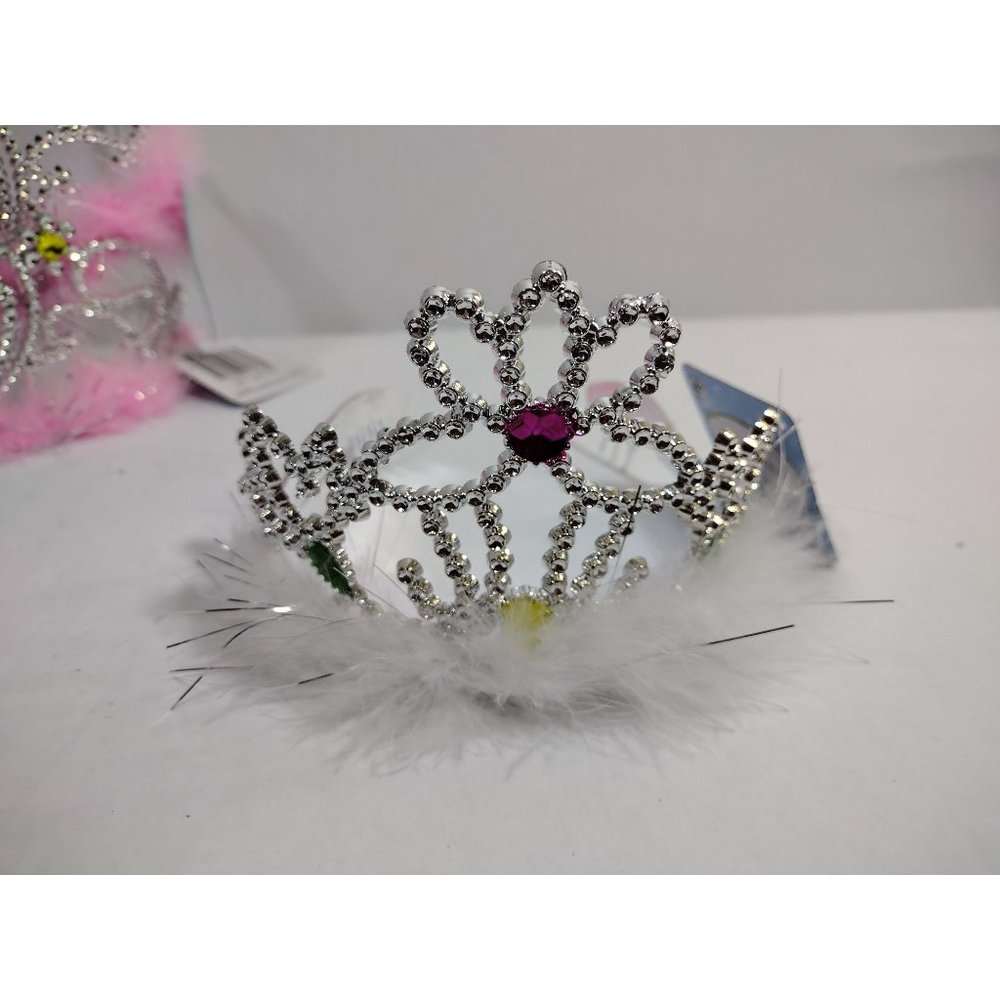 12 Princess Tiaras Girls Birthday Pack Pink White Fuzzy Boas with combs - Picture 4 of 6